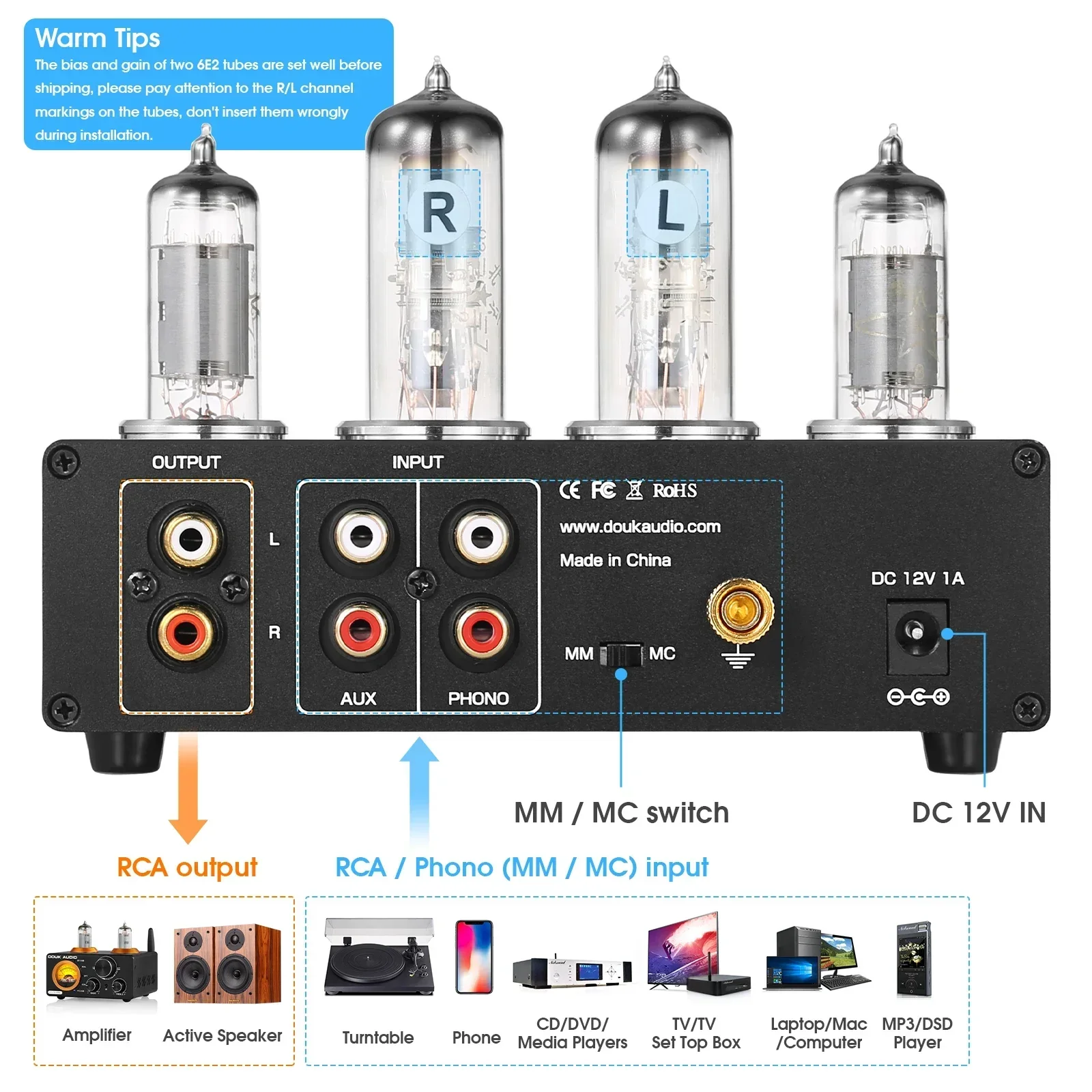 مضخم صوت Douk Audio Mini 6E2 س - مراجعة Tube Phono Stage Mm Mc وسعره